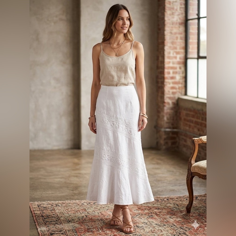 White 100% Linen Maxi Skirt Lace Embroidered Lined Boho Cottagecore Sz 14 Costal